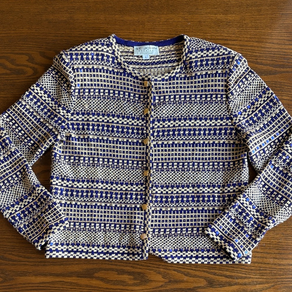 ST JOHN Evening Vintage  gold and royal blue  boxy jacket/cardigan EUC